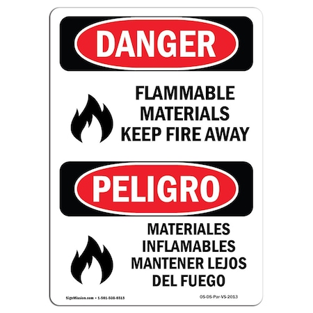 Signmission OSHA Sign, Flammable Material Keep Fire Away, 5in X 3.5in Decal, 3.5" W, 5" L, Bilingual Spanish OS-DS-D-35-VS-2013